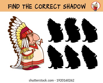 Indian chief in feather headdress. Find the correct shadow. Educational matching game for children. Cartoon vector illustration