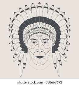 Indian chief in a feathered hat. Front view. Graphic style. Vector Illustration 