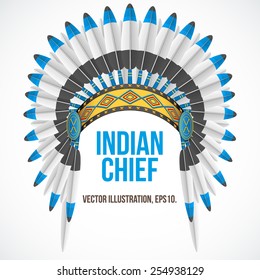 Indian chief hat with plumage. Front view. Vector Illustration Isolated on white background.