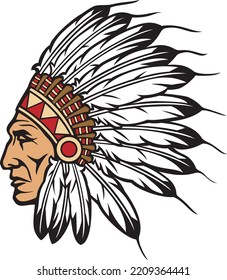 Indian Chief Head with Headdress Vector Illustration