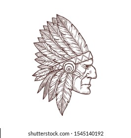 Indian chief head in indigenous headdress of eagle feathers, tattoo. Vector Western and native American Indigenous tribes culture symbol of Indian chief warrior, monochrome engraving sketch icon