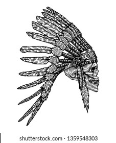 Indian Chief Headdress Skull, Hand Drawn Illustration, Isolated Vector