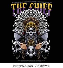 An Indian chief holding two crossed axes and a skull on the side.
