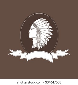 Indian chief - paper label design or logo. Vector flat style.