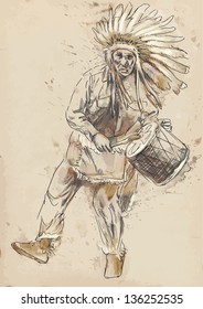 Indian Chief plays the drum and dance. /// A hand drawn illustration converted into vector. Vector is editable in 3 layers.