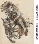 Indian Chief riding a horse and jumping over a hurdle. /// A hand drawn illustration converted into vector. Vector is editable in 4 layers.