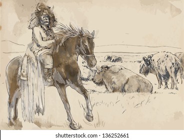 Indian Chief riding a horse, watching buffalo herd. /// A hand drawn illustration converted into vector. Vector is editable in 7 layers.