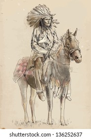 Indian chief sitting on a horse. /// A hand drawn illustration converted into vector. Vector is editable in 4 layers.