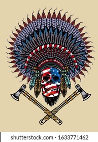 Indian chief skull with crossed tomahawks and USA flag over face