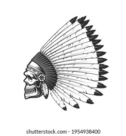 Indian Chief Skull Tattoo, American Native Warrior Head In Feather Headdress Hat. Native American Indian Apache Or Cherokee Tribe Chief Skull In Plumage Headwear, Skeleton Profile