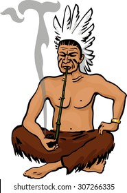 Indian chief, smoking the pipe. Design elements are isolated on with background.It can be used for advertising.
