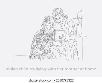 Indian child studying with her mother 
using digital tablet at outdoor line art illustration