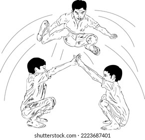 Indian Childhood village old game vector and illustration, Pakistan kid vintage retro old sports sketch drawing, happy, cheerful Indian village kids playing clip art and symbol