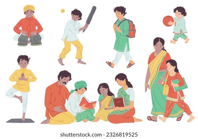 Niños indios con familia y amigos, ilustración vectorial plana aislada en fondo blanco. Niñas indias con sari y niños con traje tradicional.