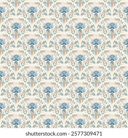Indian chintz beige seamless pattern. Modern lotus flower scallop endless background. Floral retro repeat cover. Farmhouse continuous ornament. Vector hand drawn surface pattern with wildflower.