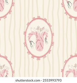 Indian chintz modern style seamless pattern. Striped tulip flower in retro frame endless background. Floral repeat cover. Farmhouse peony continuous ornament. Vector hand drawn illustration.