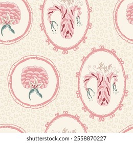 Indian chintz modern style seamless pattern. peony and tulip flower in retro frame endless background. Floral repeat cover. Farmhouse peony continuous ornament. Vector hand drawn illustration.