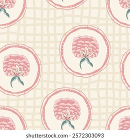 Indian chintz modern style seamless pattern. Plaid flower in retro frame endless background. Floral repeat cover. Farmhouse peony continuous ornament. Vector hand drawn illustration.