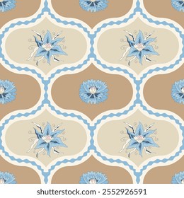 Indian chintz ogee seamless pattern. Modern flower damask endless background. Floral repeat farmhouse continuous ornament. Surface pattern digital textile. Vector classic design wildflower motif.