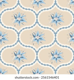 Indian chintz ogee seamless pattern. Modern flower damask endless background. Floral repeat farmhouse continuous ornament. Surface pattern digital textile. Vector classic design wildflower motif.