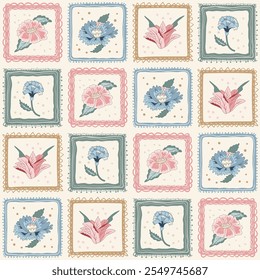 Indian chintz patchwork seamless pattern. Modern various flower in square vintage frames endless background. Floral repeat cover. Farmhouse ornament with wildflower motif. Vector illustration.