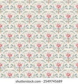 Indian chintz pink flower seamless pattern. Modern traditional scallop endless background. Floral retro repeat cover. Vector hand drawn surface pattern digital textile wildflower.