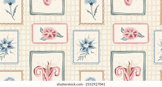 Indian chintz plaid seamless pattern. Farmhouse Modern flower in retro vintage frame endless background. Floral repeat cover with wildflower motif. Vector hand drawn illustration.