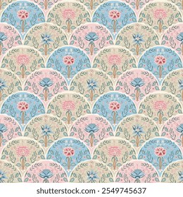 Padrão sem emenda de chintz indiano. Moderna flor diferente vieira fundo infinito. Retro floral repetição de capa. Ornamento contínuo da fazenda. Desenho de flor silvestre têxtil desenhado à mão do vetor.