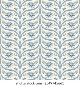 Indian chintz seamless pattern. Modern blue flower branches endless background. Floral repeat braided ornament. Surface pattern farmcore design. Vector hand drawn tile wildflower motif.