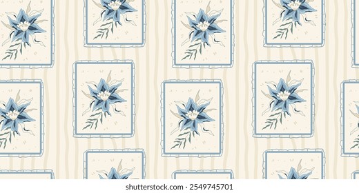 Indian chintz seamless pattern. Modern flower in frames with striped endless background. Floral repeat cover. Farmhouse continuous ornament. Surface pattern wildflower motif. Vector illustration.