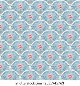 Indian chintz seamless pattern. Modern flower scallop endless background. Floral retro repeat cover. Farmhouse blue and pink continuous ornament. Vector hand drawn digital textile wildflower motif.