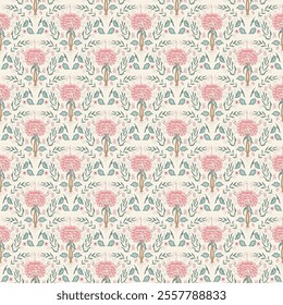 Indian chintz seamless pattern. Modern flower scallop endless background. Floral retro pink peony repeat cover. Farmhouse continuous ornament. Vector hand drawn pattern digital textile wildflower.