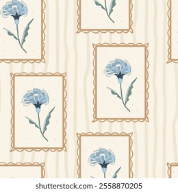 Indian chintz seamless pattern. Modern flower in vintage retro frame endless background. Floral repeat cover. Farmhouse continuous ornament with wildflower motif. Vector hand drawn illustration.