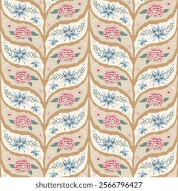 Indian chintz seamless pattern. Modern flower branches endless background. Floral repeat braided cover ornament. Farmhouse wallpaper design. Vector hand drawn tile wildflower motif.