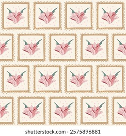 Indian chintz seamless pattern. Modern Hibiscus flower in square vintage frames endless background. Floral repeat cover. Farmhouse ornament with wildflower motif. Vector hand drawn illustration.