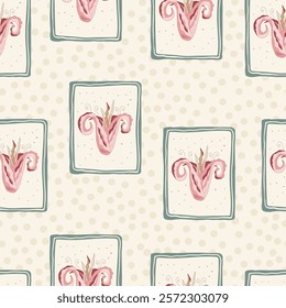 Indian chintz tulip seamless pattern. Farmhouse Modern flower in retro vintage frame on dots endless background. Floral repeat cover with wildflower motif. Vector hand drawn illustration.