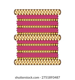 Indian churi bracelet vector art presenting a stack of golden bangles interspersed with vibrant pink thread patterns and decorative golden beads on a white background