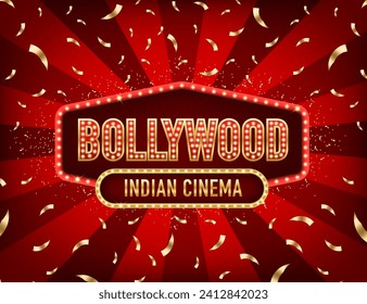 Indian cinema in Bollywood. Movie banner or poster in retro style. Retro lightboxes, cinema signs or billboard signage. Retro light sign. Vintage style banner. Vector illustration