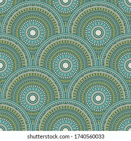 Indian circle elements patchwork vector seamless pattern. Oriental motifs vintage line art geometry. Eastern asian folk medallion concentric shapes seamless geometric pattern.
