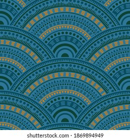Indian circular shapes carpet design vector seamless pattern. Oriental motifs geo repeating illustration. Eastern asian folk round medallion circles seamless geometric pattern.