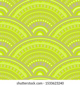 Indian circular shapes embroidery vector seamless pattern. Tribal motifs geo line art geometry. Eastern asian folk overlapping circular shapes seamless geometric pattern.