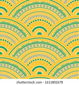 Indian circular shapes patchwork vector seamless pattern. Oriental motifs modern repeating scallops. Eastern asian ethnic circle mandala elements seamless geometric pattern.