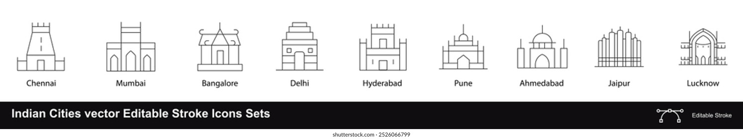 Indian Cities vector Editable Stroke Icons Sets