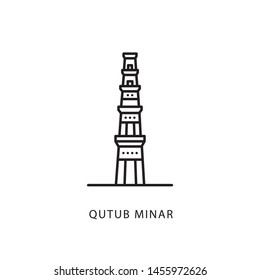 Indian city icon. Delhi-Qutub Minar. Minimal vector illustration, linear style.