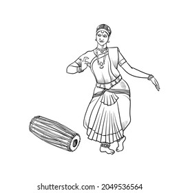 Indian classical art Bharatanatyam and Mridangam line art illustration 