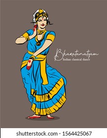 indian classical dance Bharathanatiyam sketch or vector illustration 