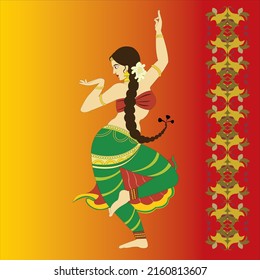 Indian classical dancer in back pose in green and red attire with decorative vertical design on yellow to red vignetted background.