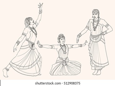 Indian classical dances. The traditions of India. Dancers. Bharatanatyam. Vector illustration.