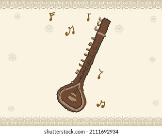 Indian Classical Music Instrument Sitar with fine design peacock head. Indian wedding of Music instrument sitar with creative designs