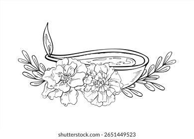 Lâmpada de Diya argila indiana com chama ardente cercada por flores de calêndula e ramos ilustração vetor preto e branco. Lâmpada de óleo e flores para design Diwali, festival de luz, conteúdo religioso.